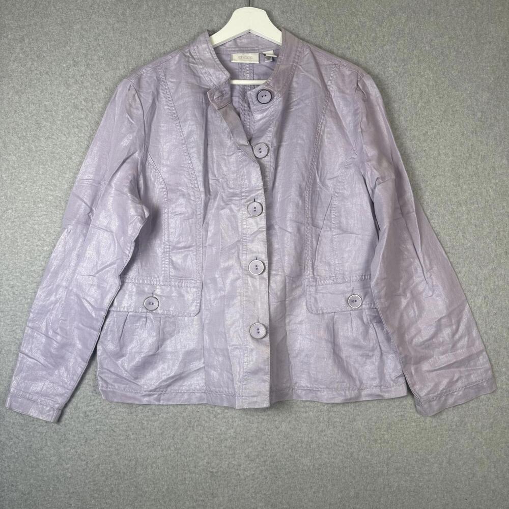 Chicos Size 2 Lavender Purple Metallic Sheen Linen button down jacket Pockets
